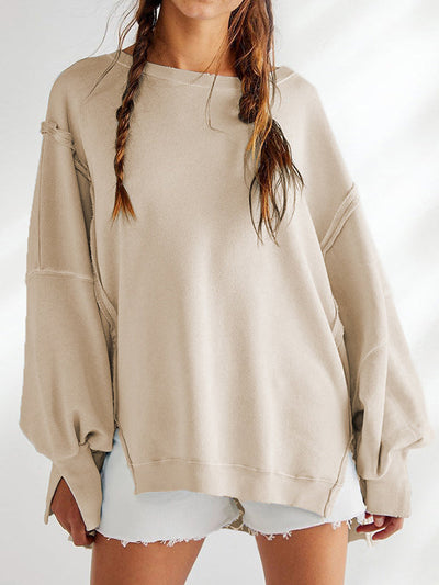 Long Sleeves Loose Fringed Solid Color Split-Joint Split-Side Round-Neck Sweatershirt