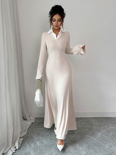 Bodycon False Two Ribbed Knit Split-Joint Lapel Maxi Dresses Sweater Dresses
