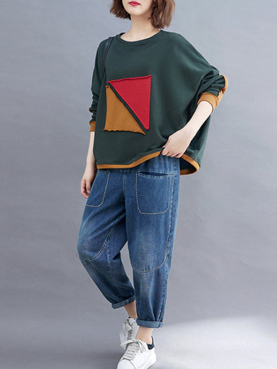 Artistic Retro Loose Triangle Applique Contrast Color Round-Neck Long Raglan Sleeves Sweatshirt