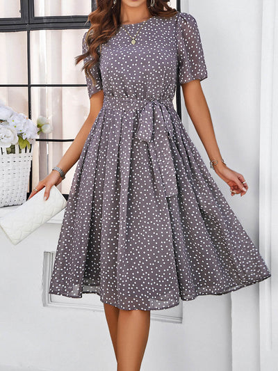 A-Line Elasticated Waist Contrast Color Polka Dot Split-Joint Tied Waist Round-Neck Midi Dresses
