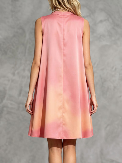 A-Line High-Low Contrast Color Gradient Hollow Pleated Round-Neck Mini Dresses