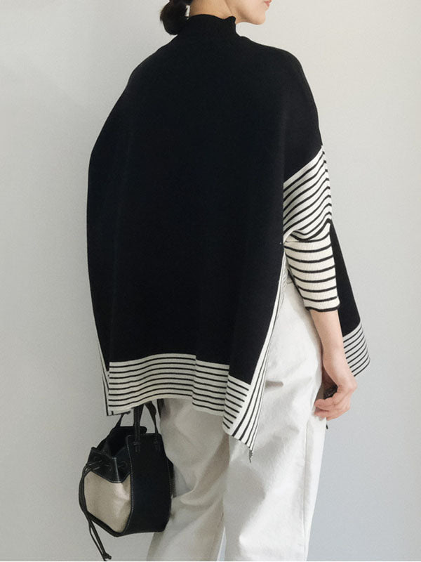 Batwing Sleeves Loose Split-Joint Split-Side Striped High Neck Sweater
