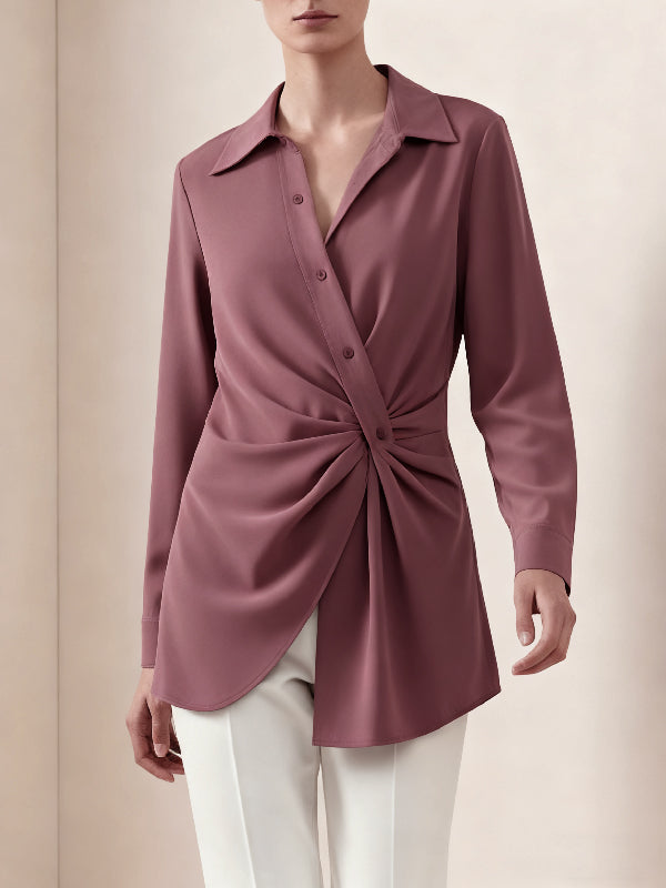 Long Sleeves Wrap Asymmetric Knot Pleated Lapel Blouses&Shirts Tops