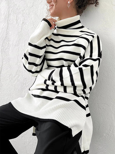 High-Low Long Sleeves Split-Joint Split-Side Striped High Neck Sweater Tops