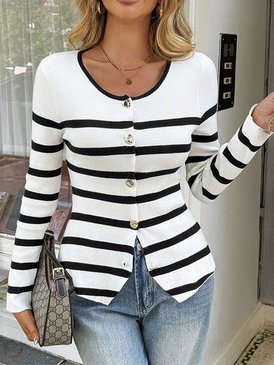 Long Sleeves Skinny Buttoned Contrast Color Split-Joint Striped Round-Neck Cardigan Tops Outerwear