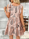 A-Line Loose Contrast Color Pleated Pockets Printed Tied Spaghetti-Neck Mini Dresses