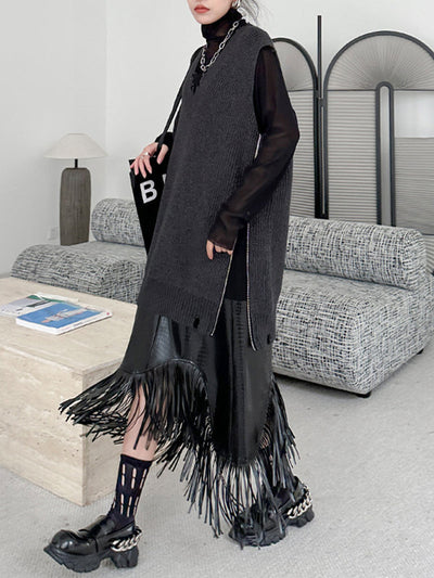A-Line Irregularity Asymmetric Buttoned Crocodile Texture Solid Color Tasseled Skirts Bottoms
