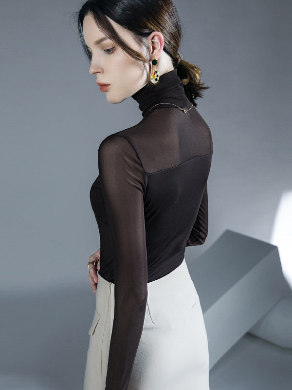 Long Sleeves Skinny See-Through Solid Color Split-Joint High Neck Blouses&Shirts Tops