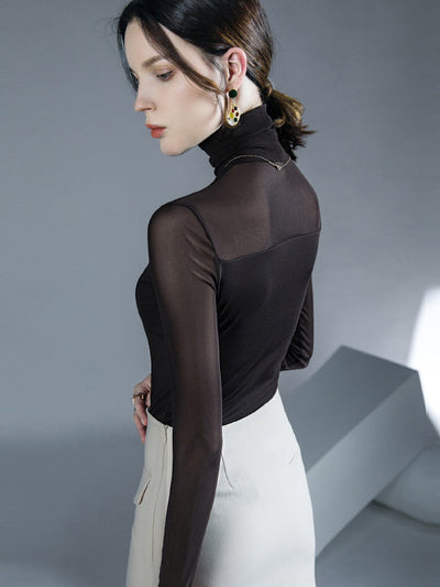 Long Sleeves Skinny See-Through Solid Color Split-Joint High Neck Blouses&Shirts Tops