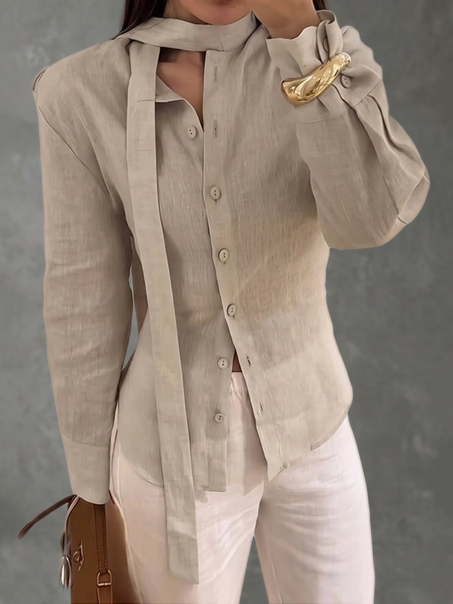 Long Sleeves Buttoned Solid Color Streamer Lapel Blouses&Shirts Tops