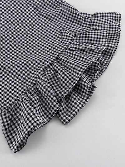 Loose  Contrast Color Plaid Ruffled Split-Joint  Long Sleeves Buttoned Lapel Blouses&Shirts Tops + Pants Two Pieces Set