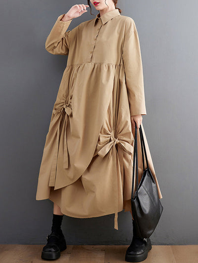 A-Line Long Sleeves Buttoned Pleated Pockets Solid Color Tied Lapel Midi Dresses Shirt Dress