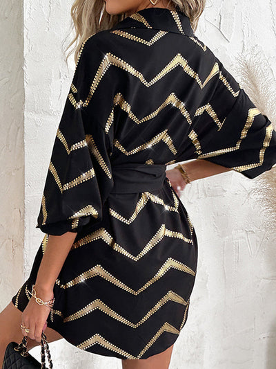 Long Sleeves Loose Buttoned Elasticity Striped Tied Waist Lapel Mini Dresses Shirt Dress