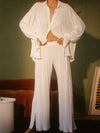 Flared Sleeves Long Sleeves Buttoned Drawstring Pleated Solid Color Split-Side Lapel Shirts Top + Pants Bottom Pajama Sets