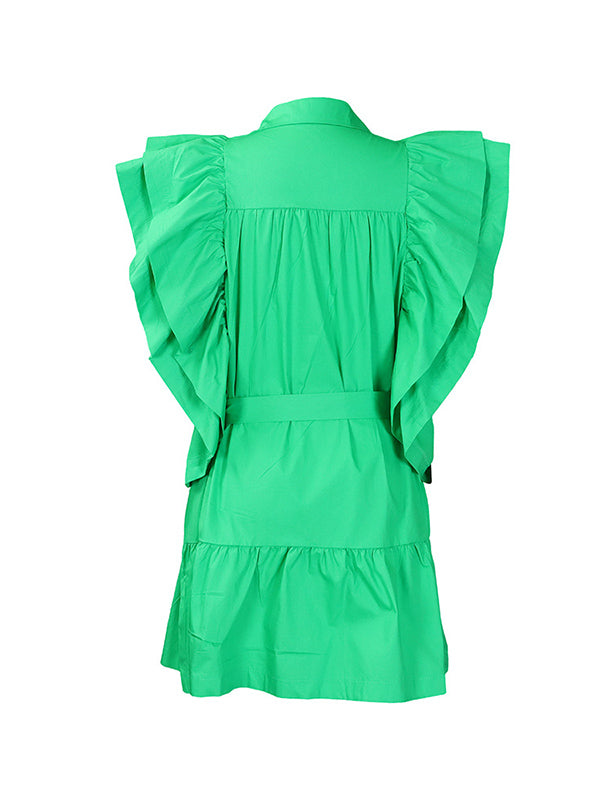 A-Line High Waisted Buttoned Pleated Ruffled Solid Color Tied Waist Lapel Mini Dresses