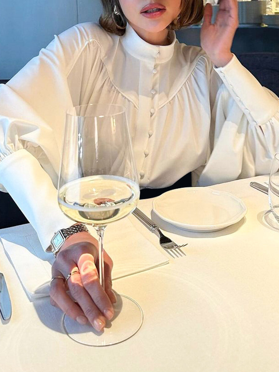 Long Sleeves Loose Buttoned Pleated Solid Color Split-Joint Stand Collar Blouses&Shirts Tops