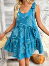 A-Line Loose Contrast Color Pleated Pockets Printed Tied Spaghetti-Neck Mini Dresses