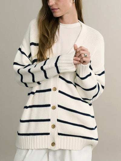 Long Sleeves Loose Split-Joint Striped V-Neck Cardigan Tops
