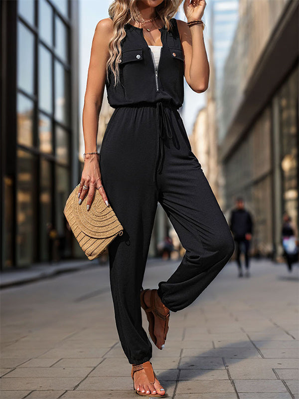 Sleeveless Solid Color Zipper V-Neck Jumpsuits
