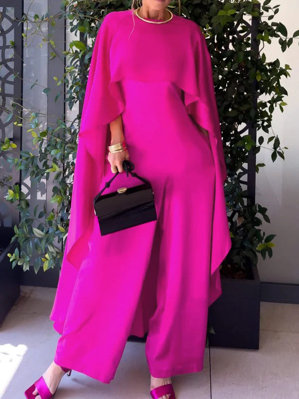 Cape Loose Pockets Solid Color Round-Neck Jumpsuits