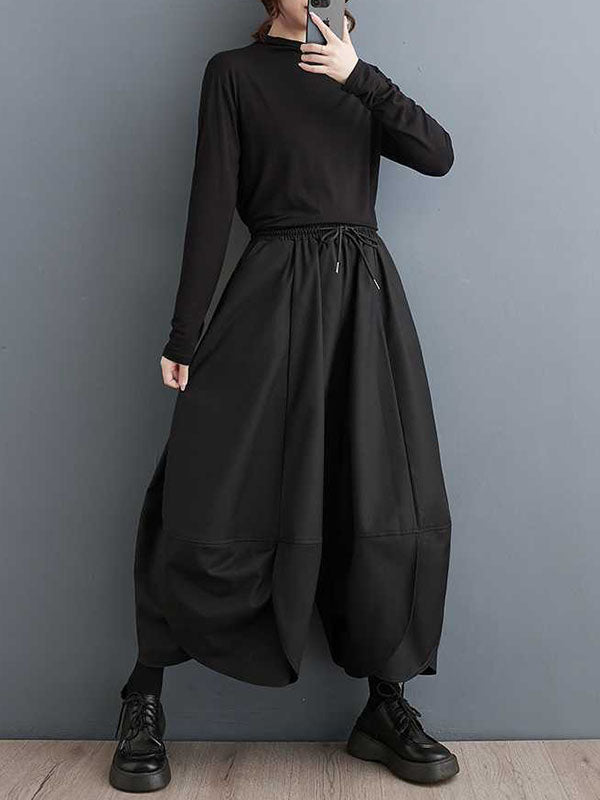 High Waisted Loose Drawstring Pleated Solid Color Pants Trousers