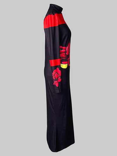 Bodycon Long Sleeves Flower Print High Neck Midi Dresses