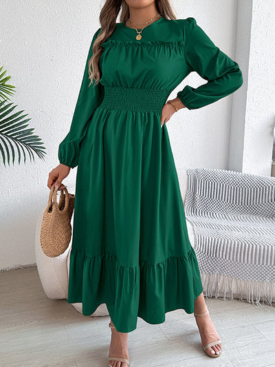A-Line Elasticated Waist Pleated Solid Color Round-Neck Maxi Dresses