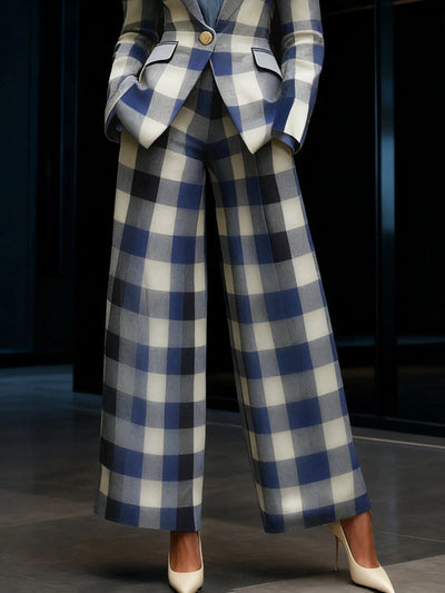 Loose Wide Leg Contrast Color Elasticity Plaid Pockets Pants Trousers