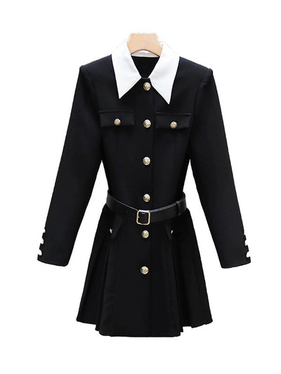 Elasticated Waist Long Sleeves Belted Buttoned Contrast Color Pleated Single-Breasted Lapel Mini Dresses Shirt Dress