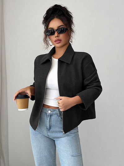 Long Sleeves Loose Solid Color Zipper Lapel Outerwear