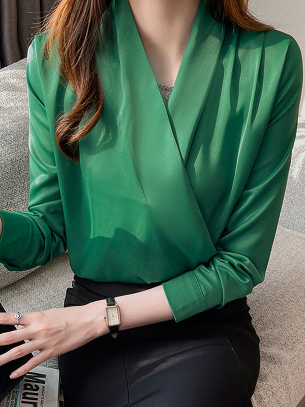 Long Sleeves Loose Buttoned Solid Color V-Neck Blouses&Shirts Tops