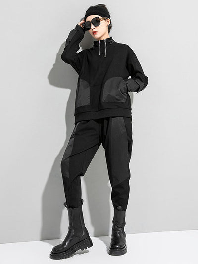 Casual Long Sleeves Loose Solid Color Zipper High-Neck Sweatshirt Tops