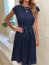 A-Line Loose Pleated Solid Color Tied Waist Round-Neck Midi Dresses
