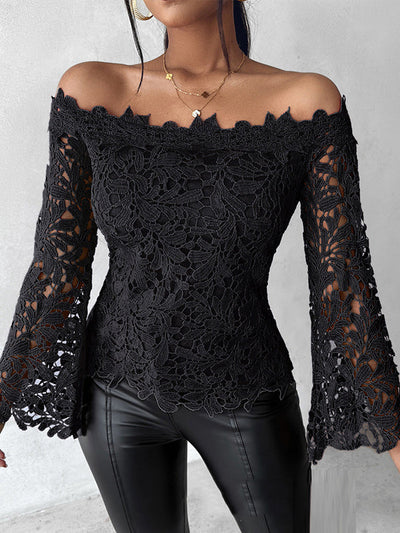 Flared Sleeves Long Sleeves Hollow Solid Color Off-The-Shoulder T-Shirts Tops