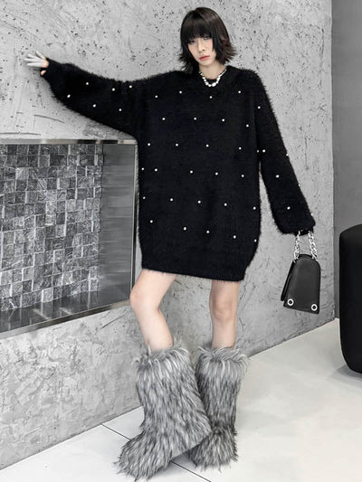 Long Sleeves Loose Beads Contrast Color Shiny Split-Joint Round-Neck Mini Dresses Sweater Dresses