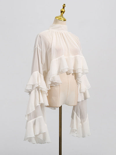 False Two Flared Sleeves Pleated Ruffle Trim See-Through Solid Color Tied Mock Neck Blouses&Shirts Tops