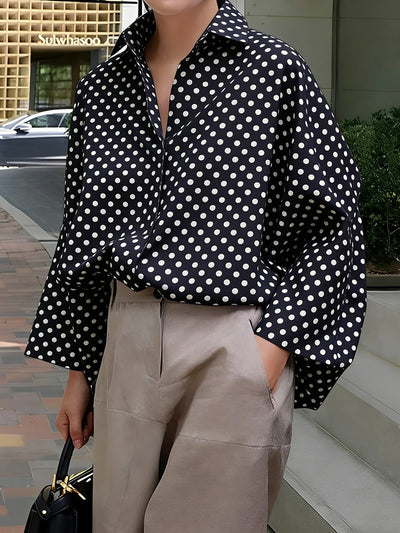 Long Sleeves Loose Buttoned Contrast Color Polka-Dot Split-Joint Lapel Blouses&Shirts Tops