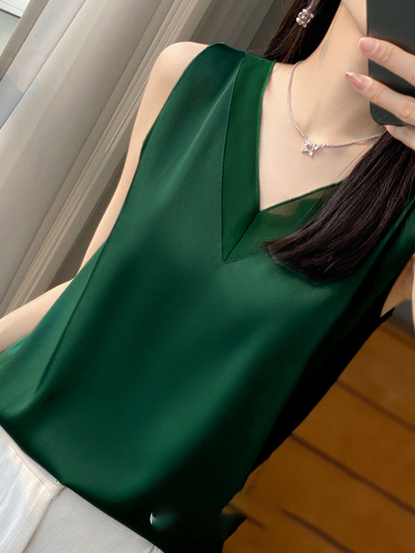 Loose Sleeveless Solid Color V-Neck Vest Top