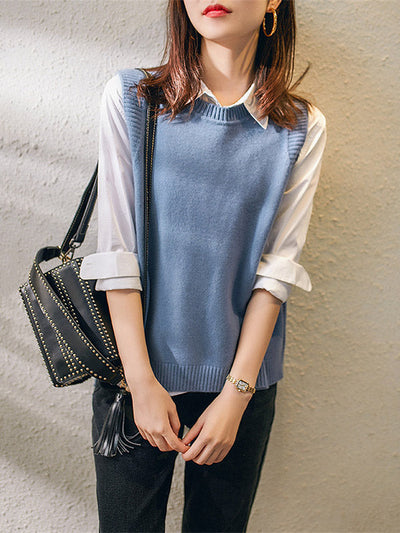 Casual Sleeveless Loose Solid Color Round-Neck Knitting Vest Outerwear