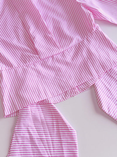 Long Sleeves Loose Asymmetric Split-Joint Striped Lapel Blouses