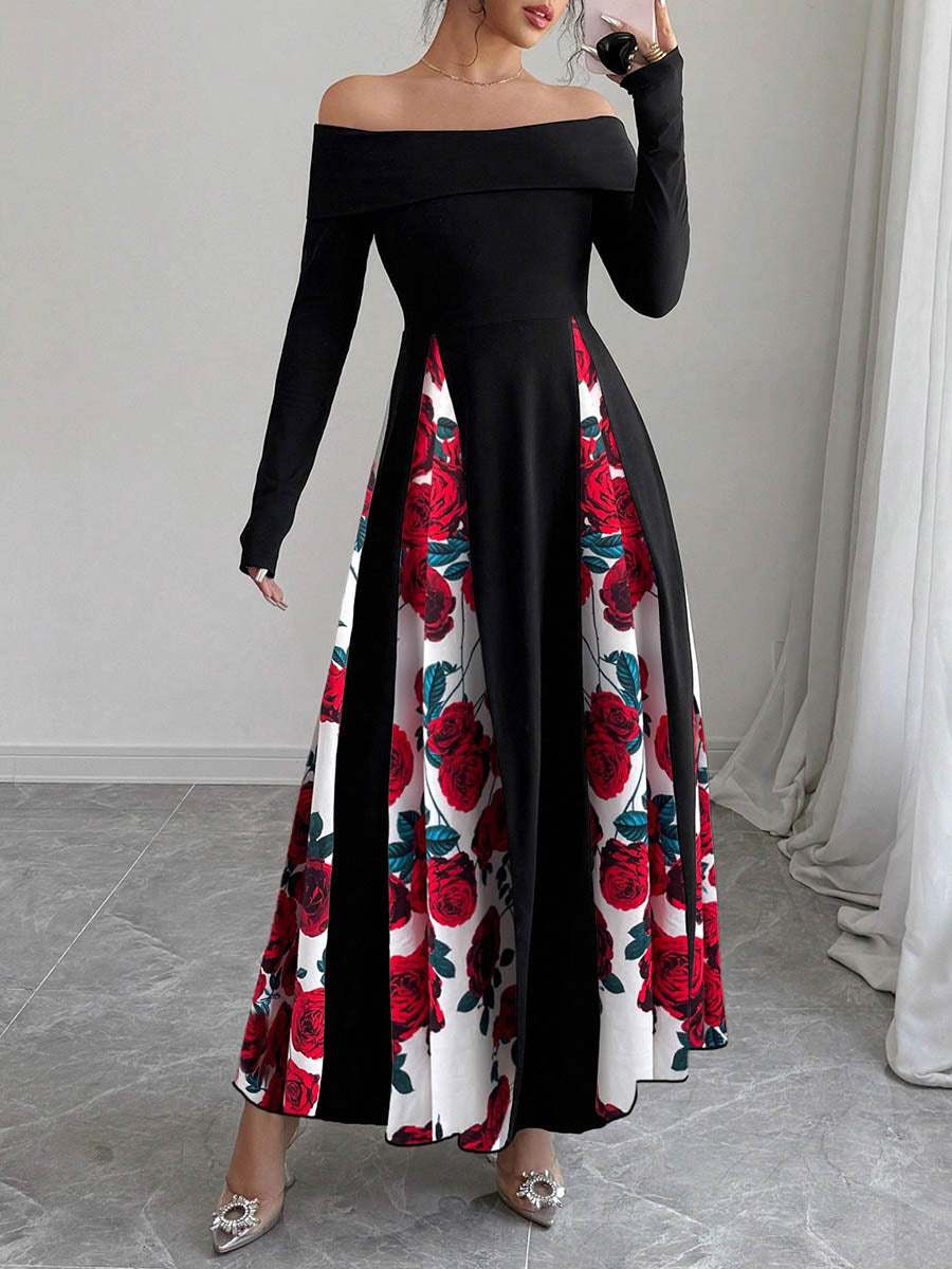 High Waisted Long Sleeves Contrast Color Flower Print Split-Joint Off-the-shoulder Maxi Dresses