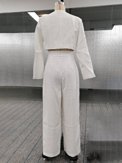 Long Sleeves Buttoned Solid Color Split-Joint Round-Neck Blazers Top + Zipper Wide Leg Mesh Pleated Pants Bottom Two Pieces Set