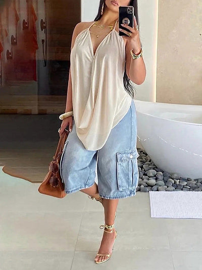 Loose Wide Leg Pockets Split-Joint Denim Half Pants