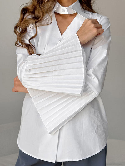 Flared Sleeves Long Sleeves Buttoned Hollow Pleated Solid Color Split-Joint Lapel Blouses&Shirts Tops