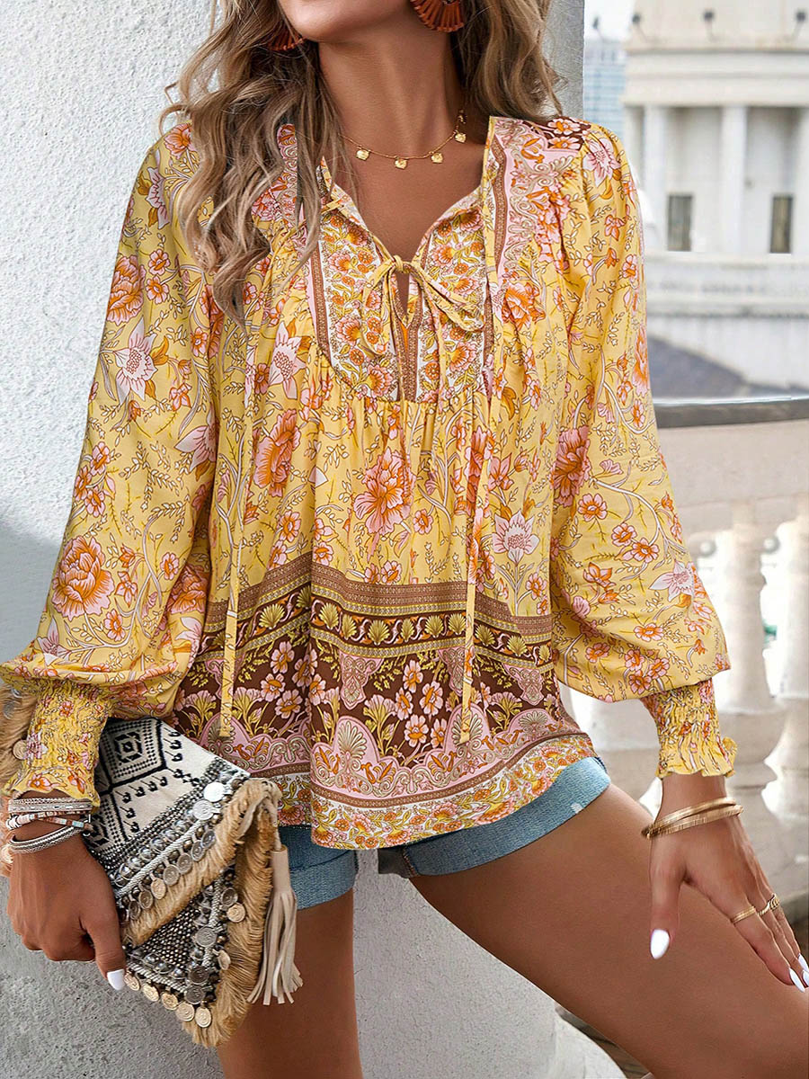 Long Sleeves Loose Contrast Color Drawstring Flower Print Pleated Split-Joint V-Neck Blouses&Shirts Tops