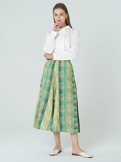 Plus Size Women Elastic Waist Loose Plaid Green Pants M-2XL