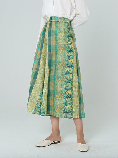 Plus Size Women Elastic Waist Loose Plaid Green Pants M-2XL