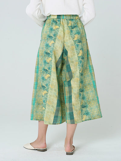 Plus Size Women Elastic Waist Loose Plaid Green Pants M-2XL