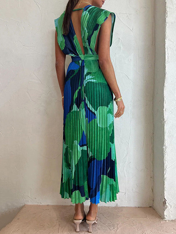 Loose Sleeveless Pleated Printed Split-Joint Deep V-Neck Maxi Dresses