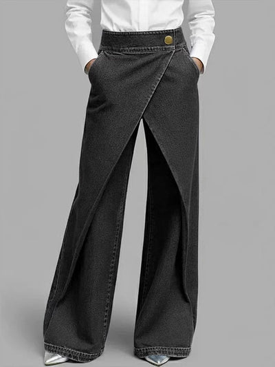 High Waisted Loose Asymmetric Buttoned Interlace Pockets Solid Color Split-Joint Jean Pants Bottoms Trousers